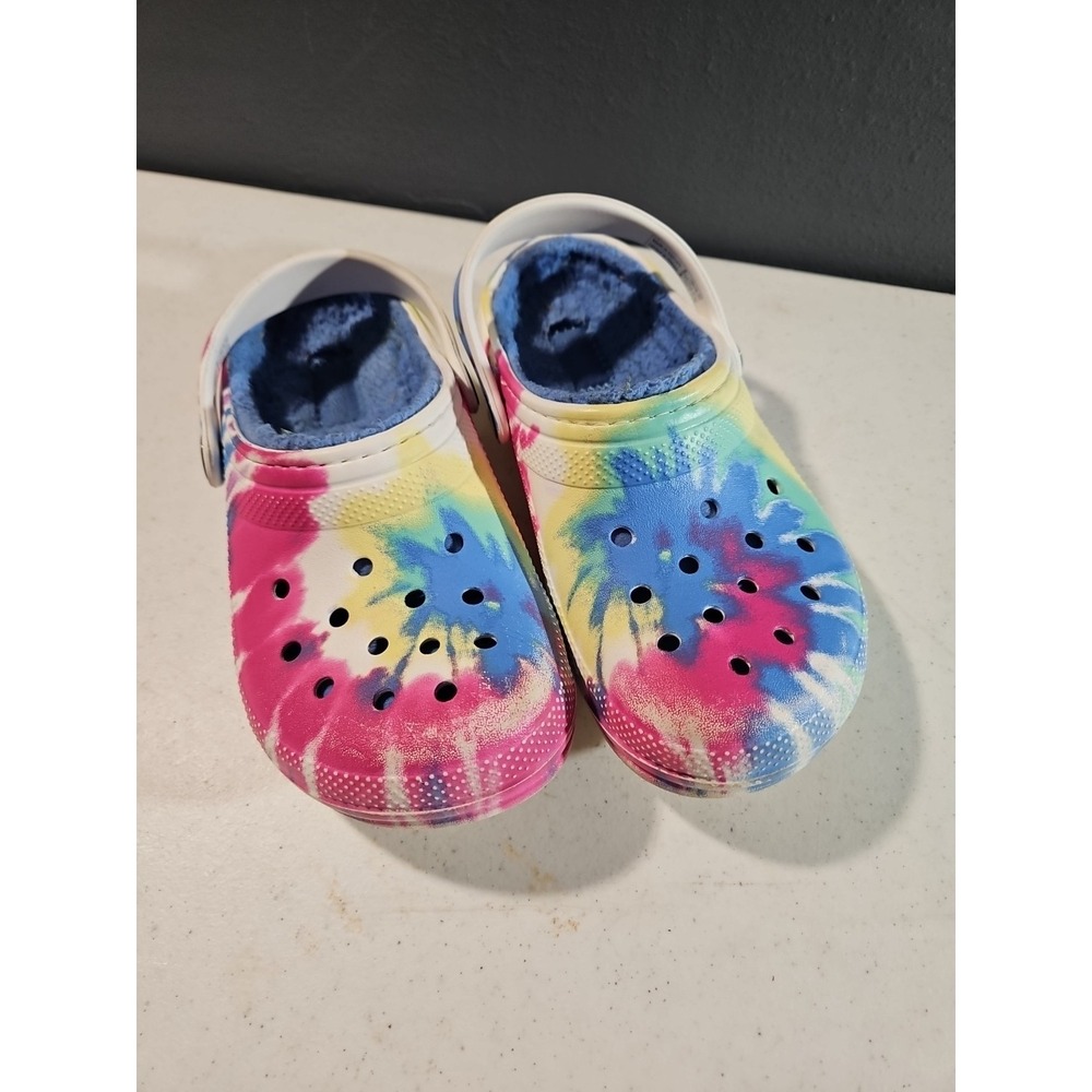 Crocs Fleece‎ Lined clogs Youth Size 13 Shoes Pink/Blue Tie Dye Unisex kids(S47